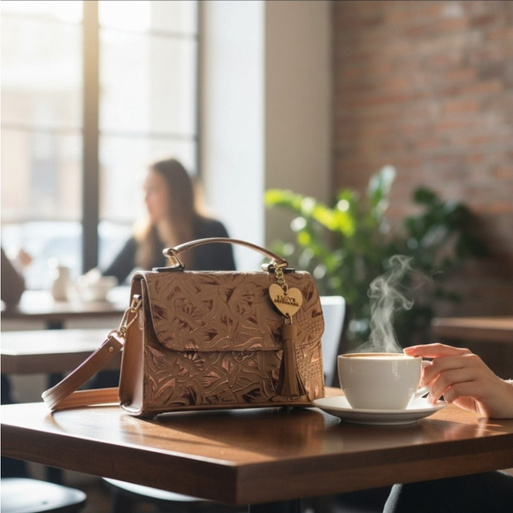 Gold Camel Beige Sunflower Embossed Tooled Artisan LEATHER Crossbody bag Purse - Picture 2 of 16